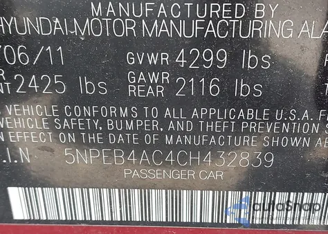 2012 Hyundai Sonata Gls from USA, damaged, VIN 5NPEB4AC4CH432839